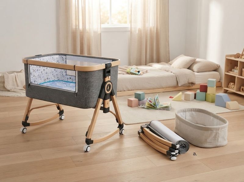 Whiffee 3-in-1 bassinet locked beside an adult bed