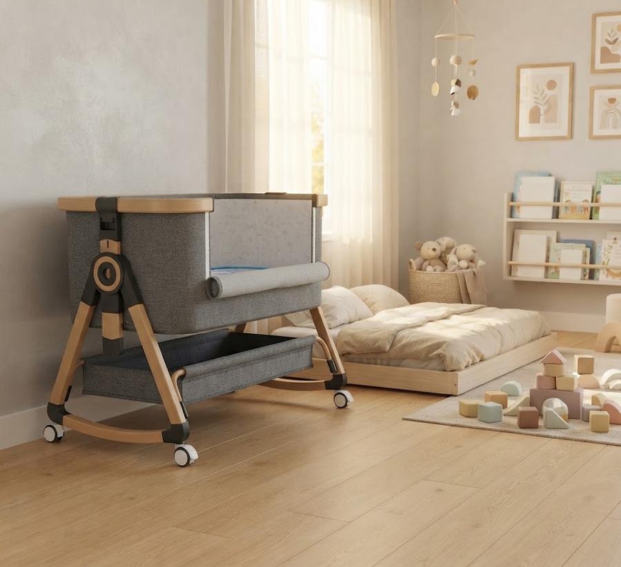 Whiffee 3-in-1 bassinet beside an adult bed
